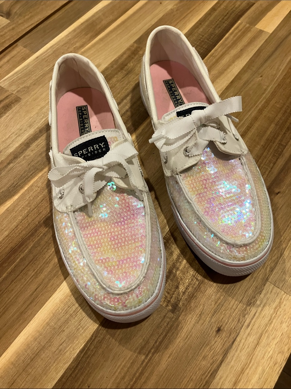 Sperry Iridescent Sequin Boat Shoes in White with Pink Insole